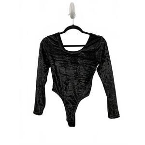 80s 90s Vintage Black Velvet Long Sleeve Thong Bodysuit Size Medium Jumping Joy